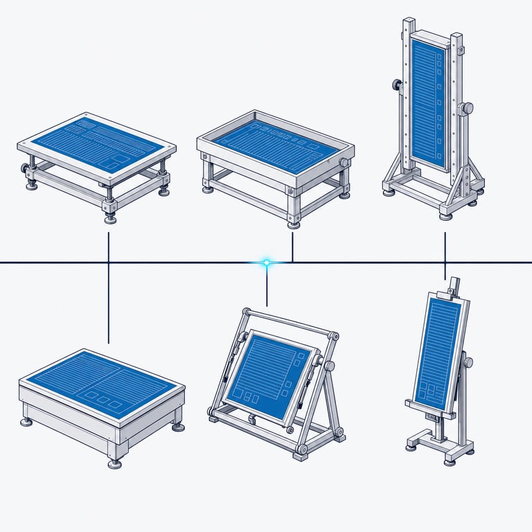 One governed spine running above six differently built workbenches, each branch feeding a bench that holds its own shaped plate — the same source of truth serving proposals, campaigns, enablement, partners, regulated work and global comms