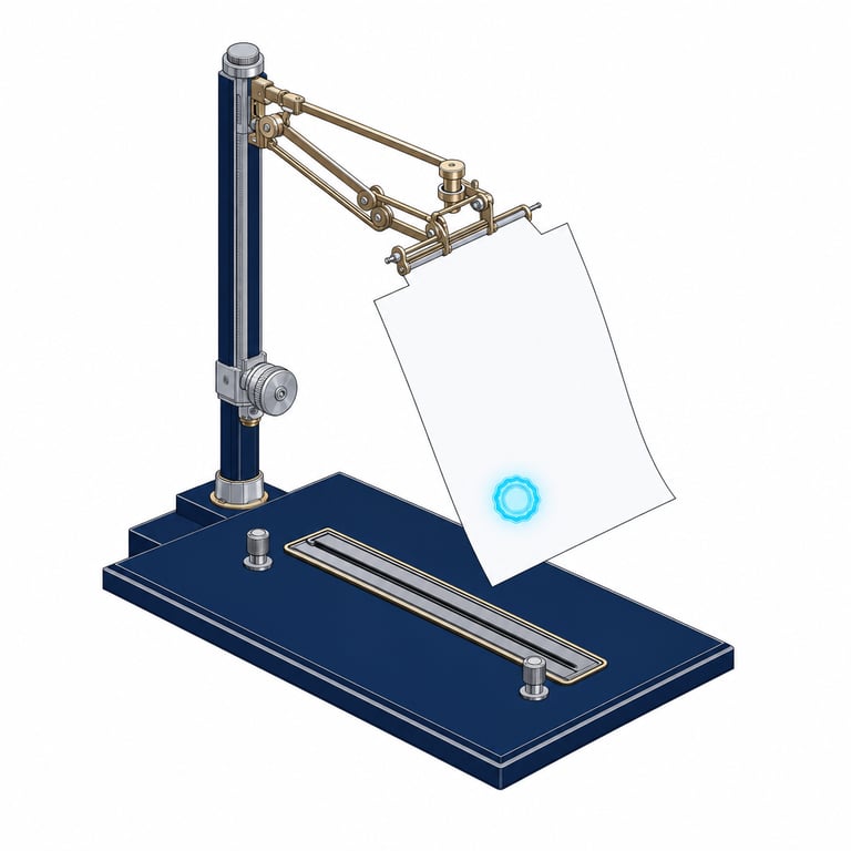 A document held by a precision armature above a closed gate slot, its seal glowing &mdash; a real-world action suspended until a human signs off.