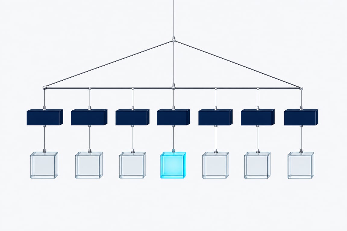An org chart as a hanging mobile &mdash; solid navy blocks above hold translucent worker blocks on taut lines, one lit: every digital employee hangs under an accountable human.