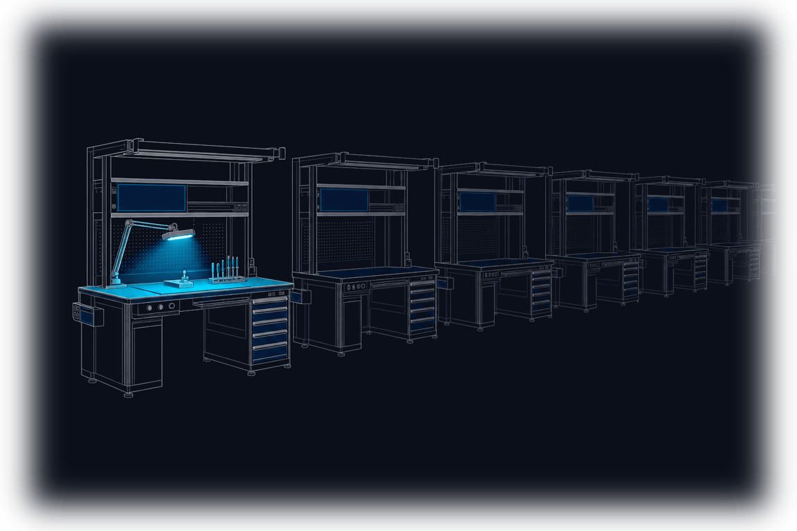 One lit workstation at the head of a dark row &mdash; the first governed team of digital employees coming on shift.