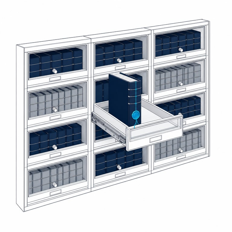 An archive drawer open with one bound file stitched through by a single thread &mdash; every digital employee&rsquo;s actions bound into one permanent, attributed record.