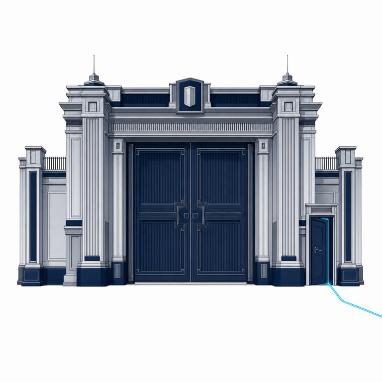 A grand governed front gate stands closed while a thin thread slips in through a small side door &mdash; ungoverned AI agents entering the enterprise unmanaged.
