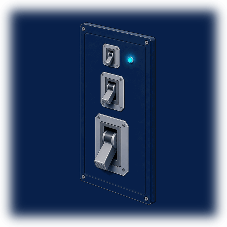 Three breaker levers of increasing size on a navy control panel, the smallest thrown &mdash; the three-tier emergency stop: one agent, a whole role, an entire department.