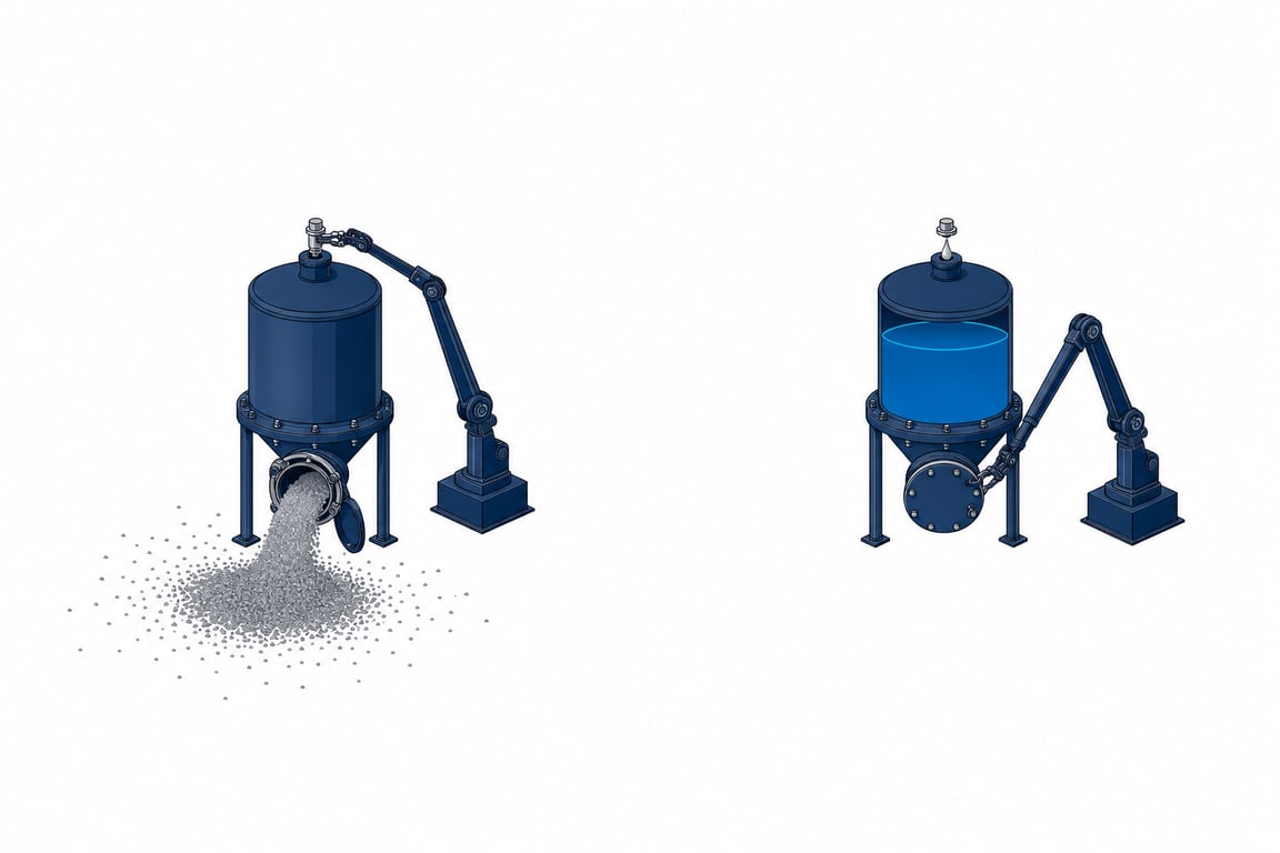 Two identical vessels: on the left the wide base outlet hangs open and pours its contents away while the arm attends a tiny fitting on top; on the right the arm has sealed the base outlet first and the contents are held, its surface marked by a single lit line.