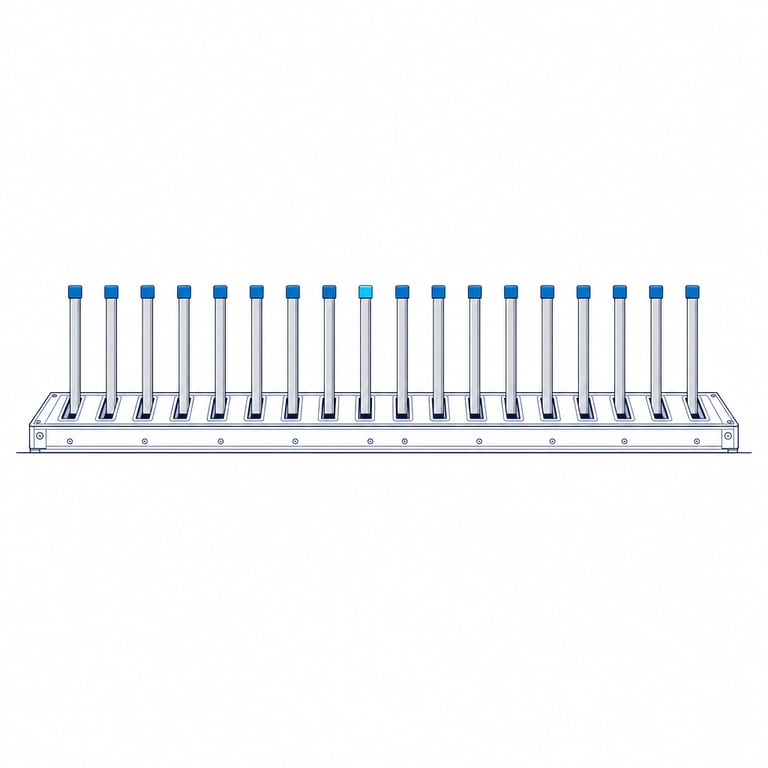 A control rack whose every lever is pushed to the top of its slot, so the row sits at one uniform maximum and no lever stands out from any other — a priority scale that has been saturated until it carries no signal.
