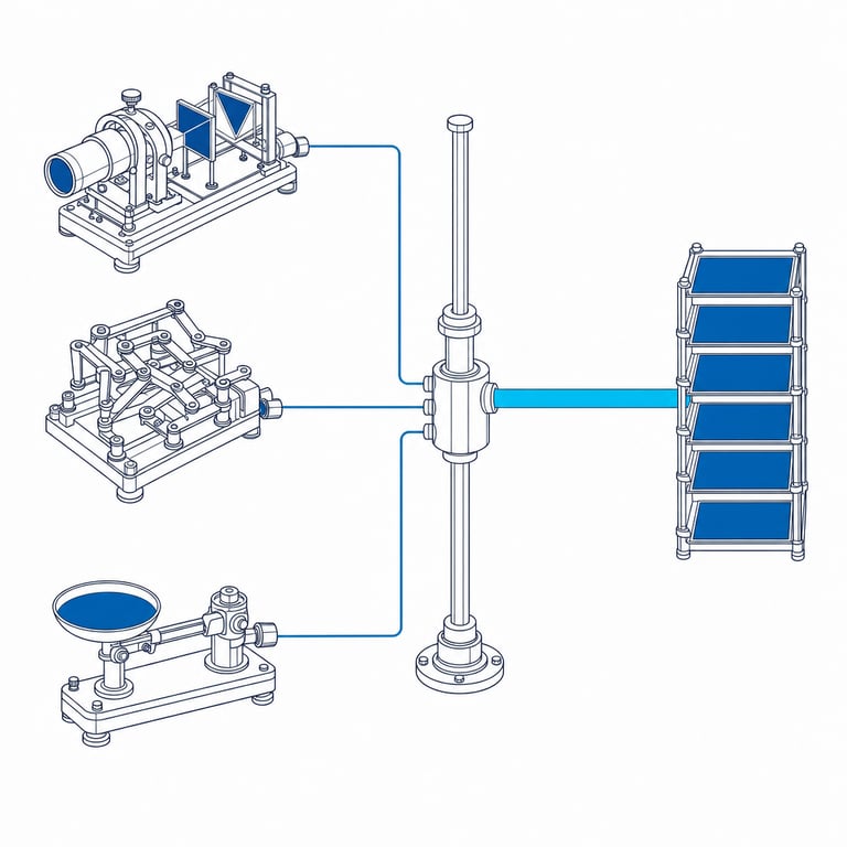 Three different mechanisms — a lens reader, a lattice of logic linkages and a balance pan — driving one common spindle whose single output ribbon feeds an ordered stack, showing three engines resolving to one ranked answer.