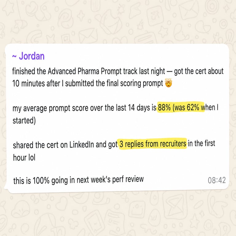 Message from a learner, Jordan, reporting his prompt score rose from 62% to 88% and recruiters reached out after he posted his certificate