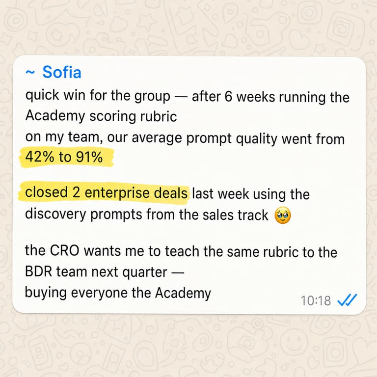 Message from a team lead, Sofia, reporting her team's prompt quality rose from 42% to 91% in six weeks and two enterprise deals closed