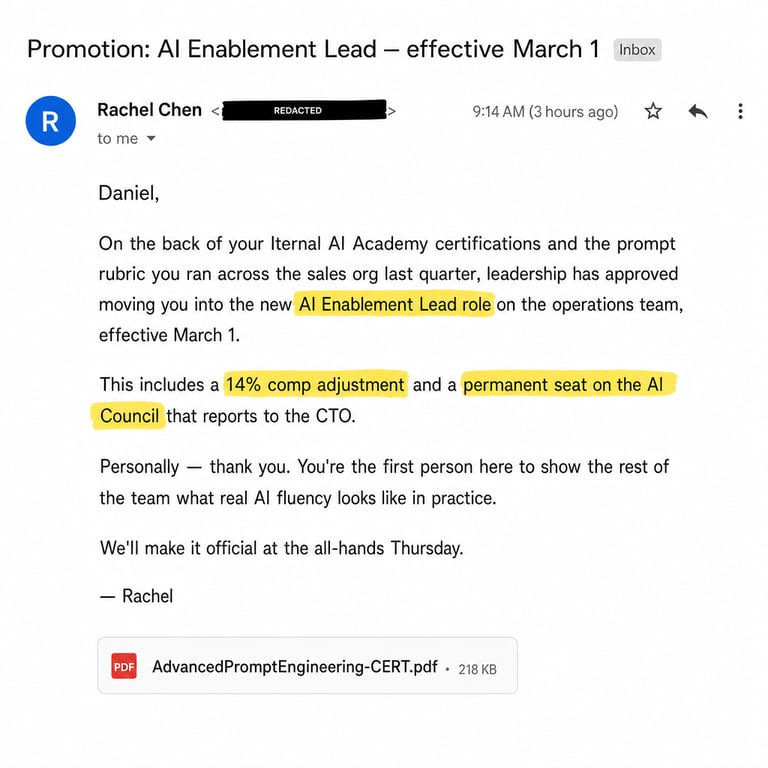 A promotion email from a VP of People Operations crediting a learner's Academy certifications and prompt rubric