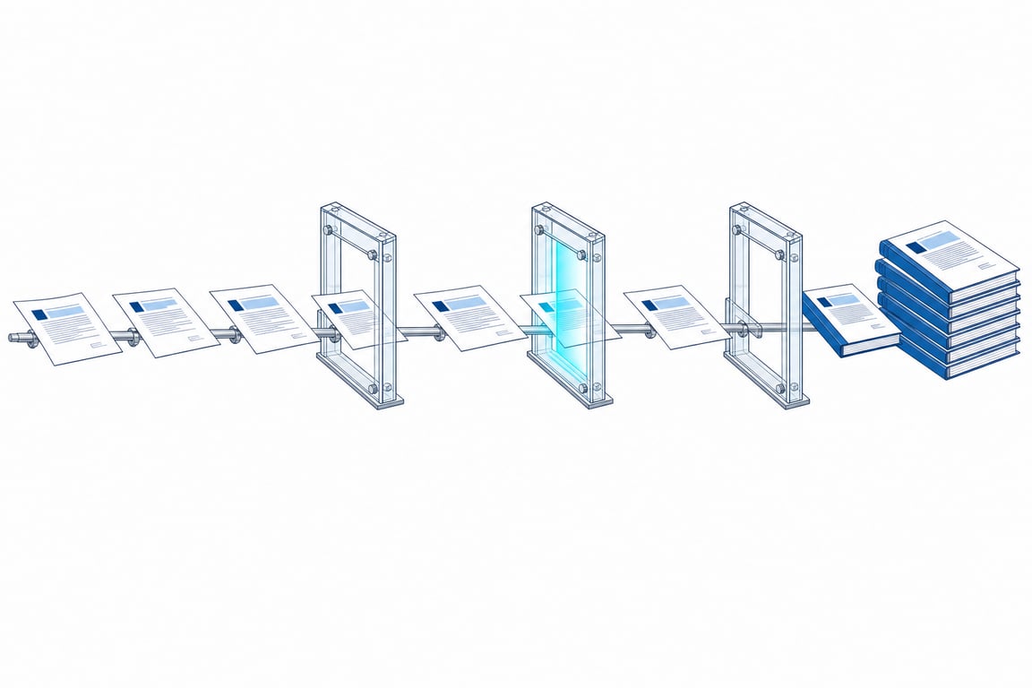 Loose contract pages travelling along a rail through three glass inspection frames and emerging as neatly bound reports — unstructured agreements entering, governed analysis in the middle, structured output at the end.