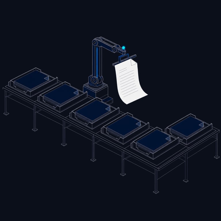 An institutional contract-operations floor: rows of document trays on hairline desks with a single sheet lifted by a precision mechanism — contract work handled as a governed, instrumented process rather than manual review.