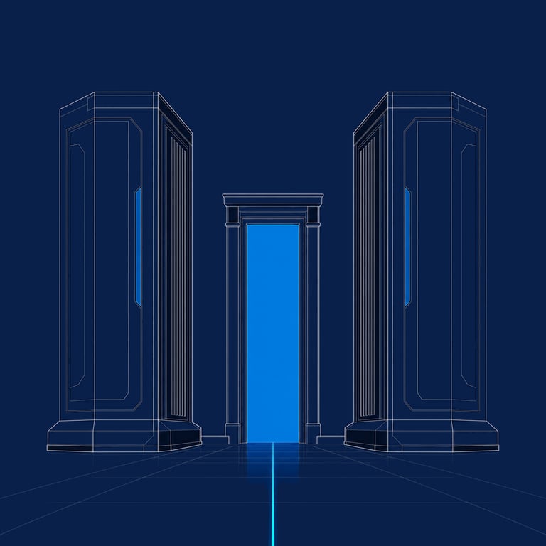 Two monumental machine cabinets flanking a lit doorway with a single status line running across the floor — the engine room that runs contract analysis inside your own environment.