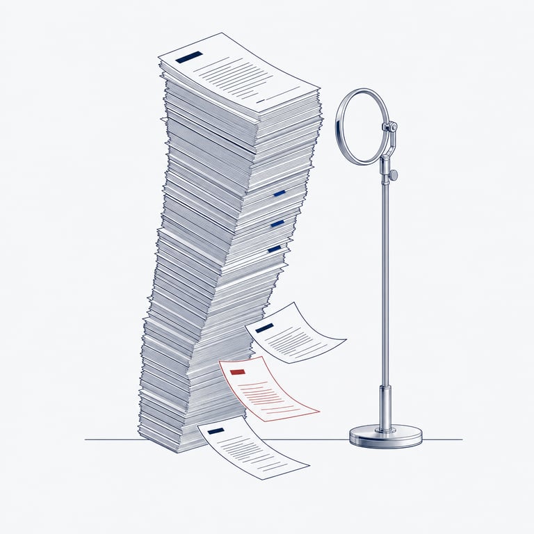 A leaning stack of paper contracts beside a magnifying instrument, with loose pages slipping to the floor and one marked in red — the obligations, deadlines and value that fall out of a manual contract process.