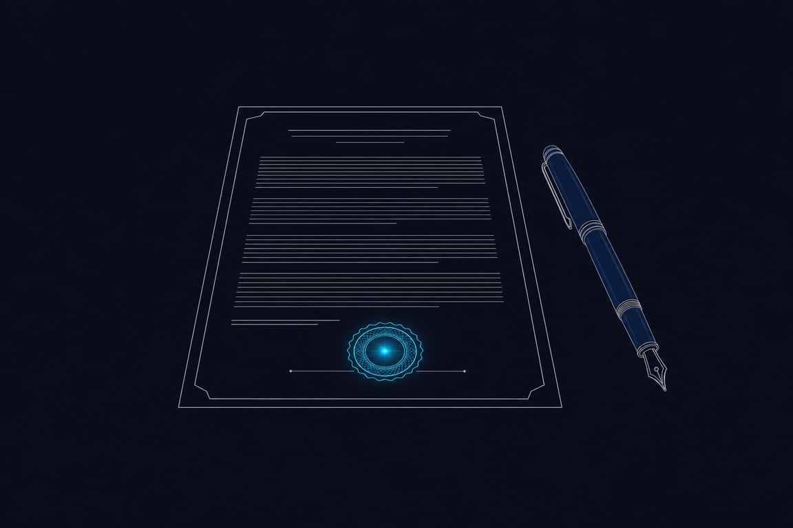 A single contract page lying flat under even light with a fountain pen beside it and a small seal of light where a signature would sit — the point where a scoped deployment is agreed.
