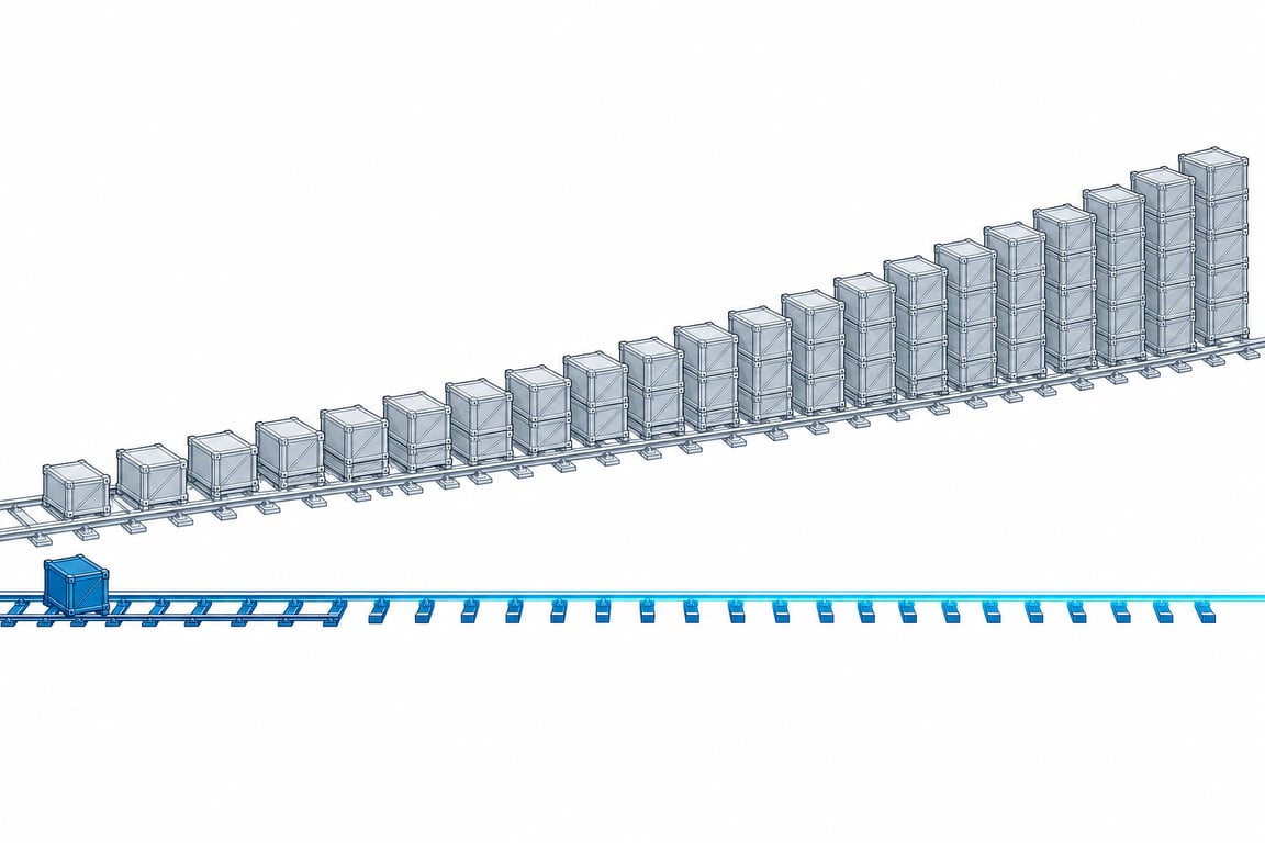 Illustrative metaphor: one freight line re-carries identical crates at every step while the other settles a single crate once and continues as a thin thread — repeated context re-billed versus processed once and reused.