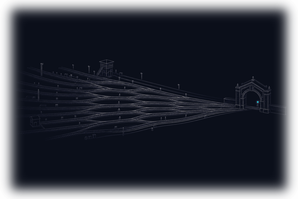 Illustrative metaphor: a night switchyard of many tracks converging into one lit gateway — every AI request routed through one governed control point.