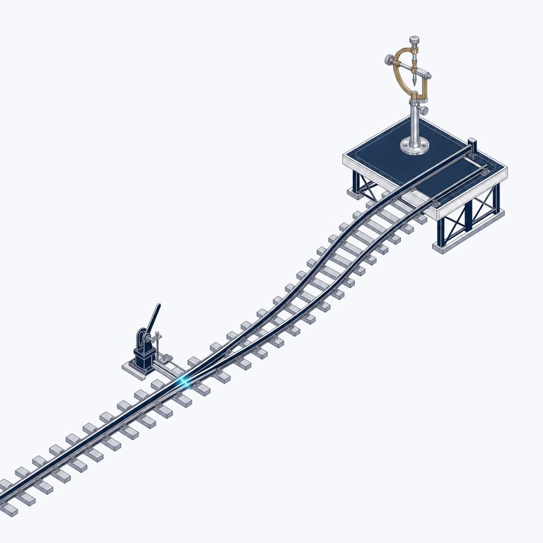Illustrative metaphor: a single siding leads to a small inspection platform with one gauge — a contained pilot on one workload, measured before any wider rollout.
