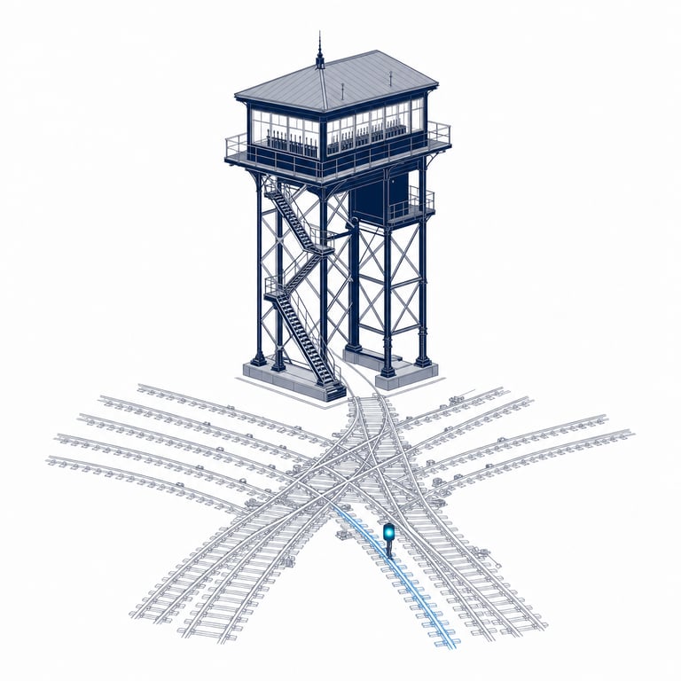 Illustrative metaphor: a signal tower routes a fan of tracks through switch points, one track marked by a warm lamp — governed routing that holds conversations where reuse is warm.