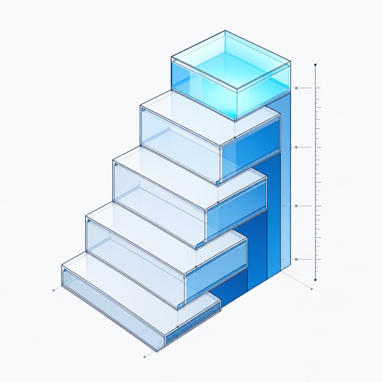 Translucent ledger blocks stacking upward like a staircase beside a measuring rule, the top block glowing — knowledge compounding into an asset