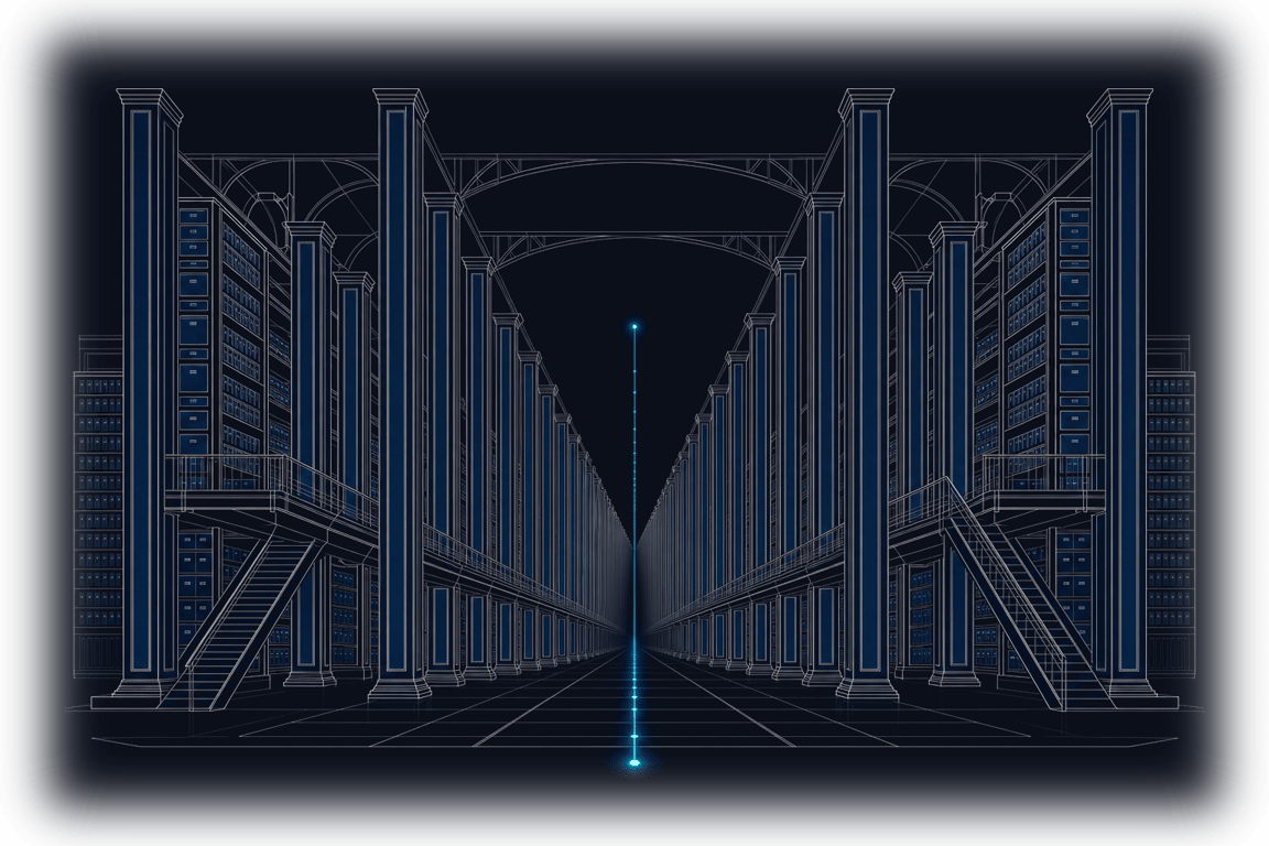 A vast dark archive hall with rows of tall columns and one luminous thread running down its center into the distance