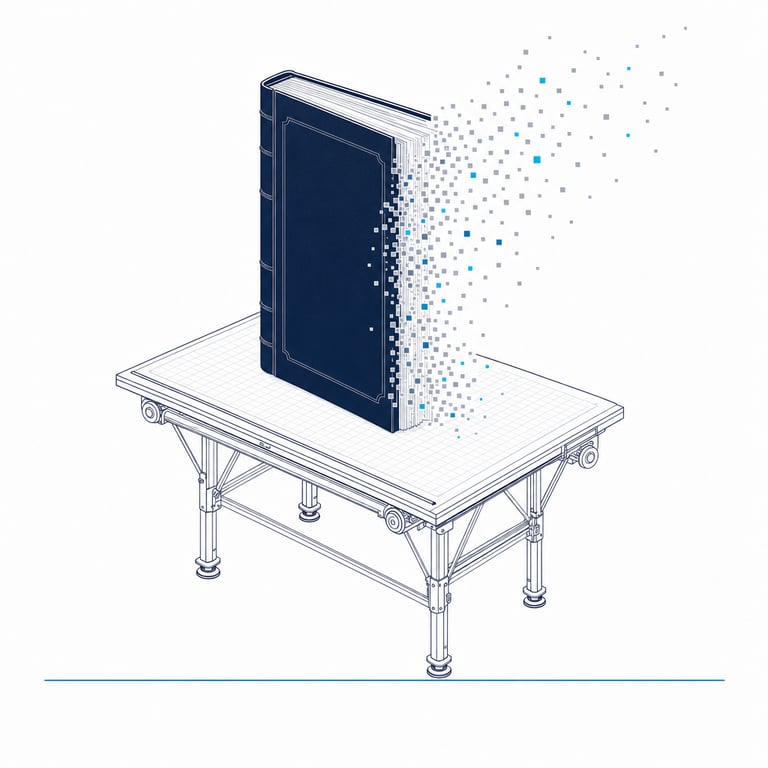 A corporate ledger dissolving into drifting particles — institutional knowledge evaporating at the end of every session