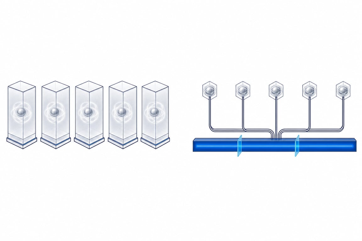 Illustrative figure: on the left, five sealed glass cells each trap one dim orb whose light circles inside its own walls; on the right, the same five orbs are joined by channels into one luminous blue spine crossed by two cyan scope gates.
