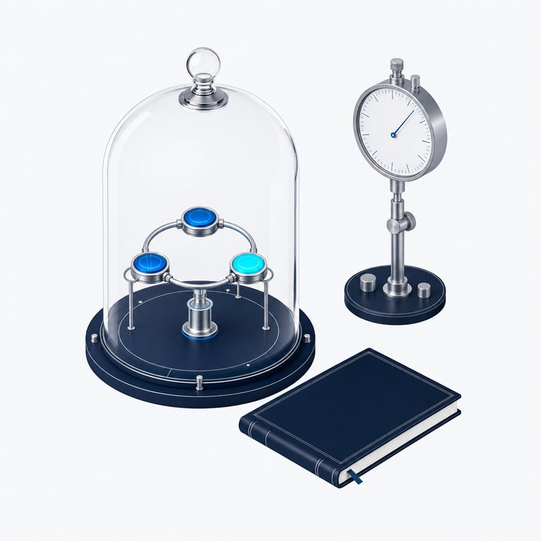 A miniature three-node agent workflow sealed under a glass bell jar beside a measuring gauge and a closed ledger — a contained pilot
