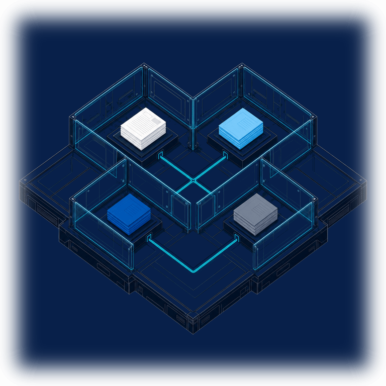 Four glass-walled vault chambers on a dark floor plan, each holding differently lit documents, connected by one governed conduit through gated walls