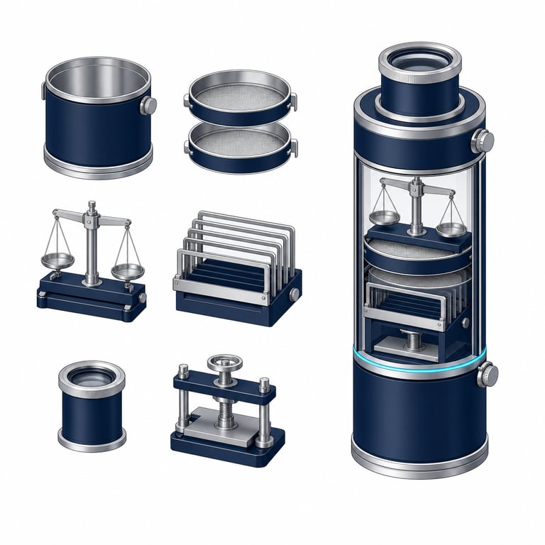 Six machined instrument components laid out on a workbench beside the same components assembled into one compact instrument — buy the assembled platform, not six separate builds