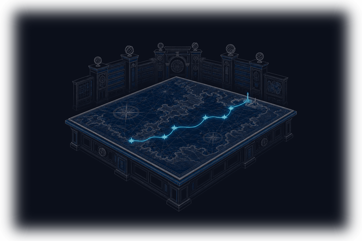 A monumental dark chart room where one luminous route line threads between waypoints across a vast navigation table toward a harbor mark — the course from this page to a live shortlist