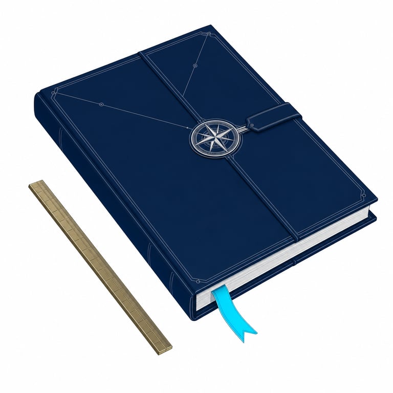 A closed deep-navy executive dossier folder with an engraved compass-rose clasp resting on a drafting table beside a brass rule, a single cyan ribbon bookmark trailing from its pages — the board dossier this page is