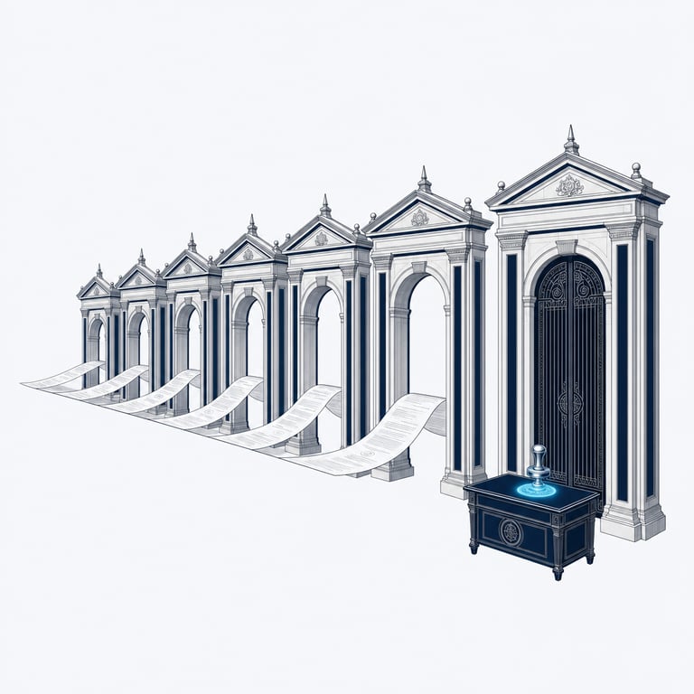 A colonnade of gates: documents flow untouched through a run of open archways toward one closed final gate holding a seal press — approximately ninety-nine percent autonomous, with a single human gate at the end