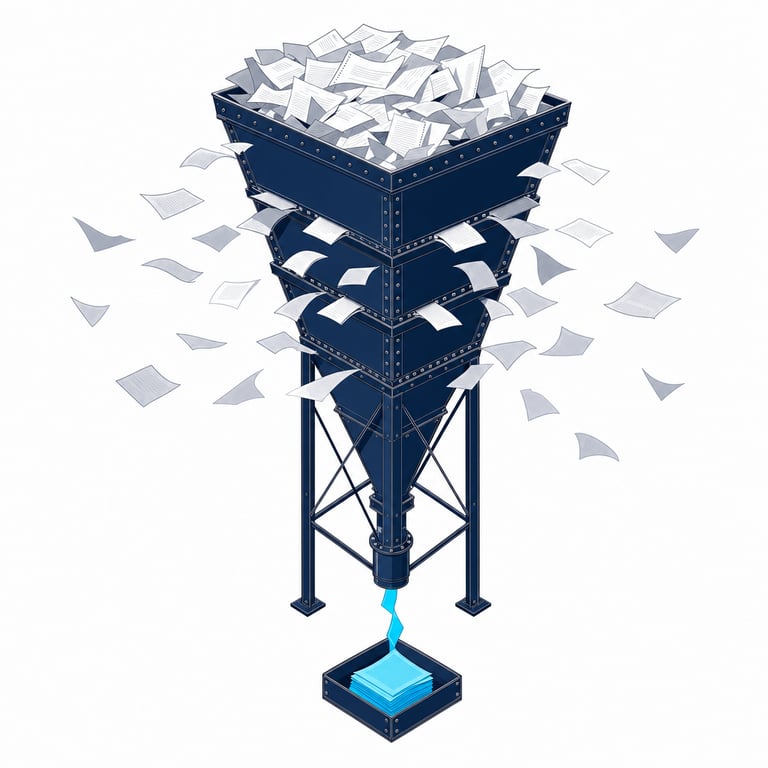 An industrial hopper overfilled with documents leaking pages through its seams, while only a thin bright stream of a few sheets reaches the tray below — the leaky manual RFP funnel