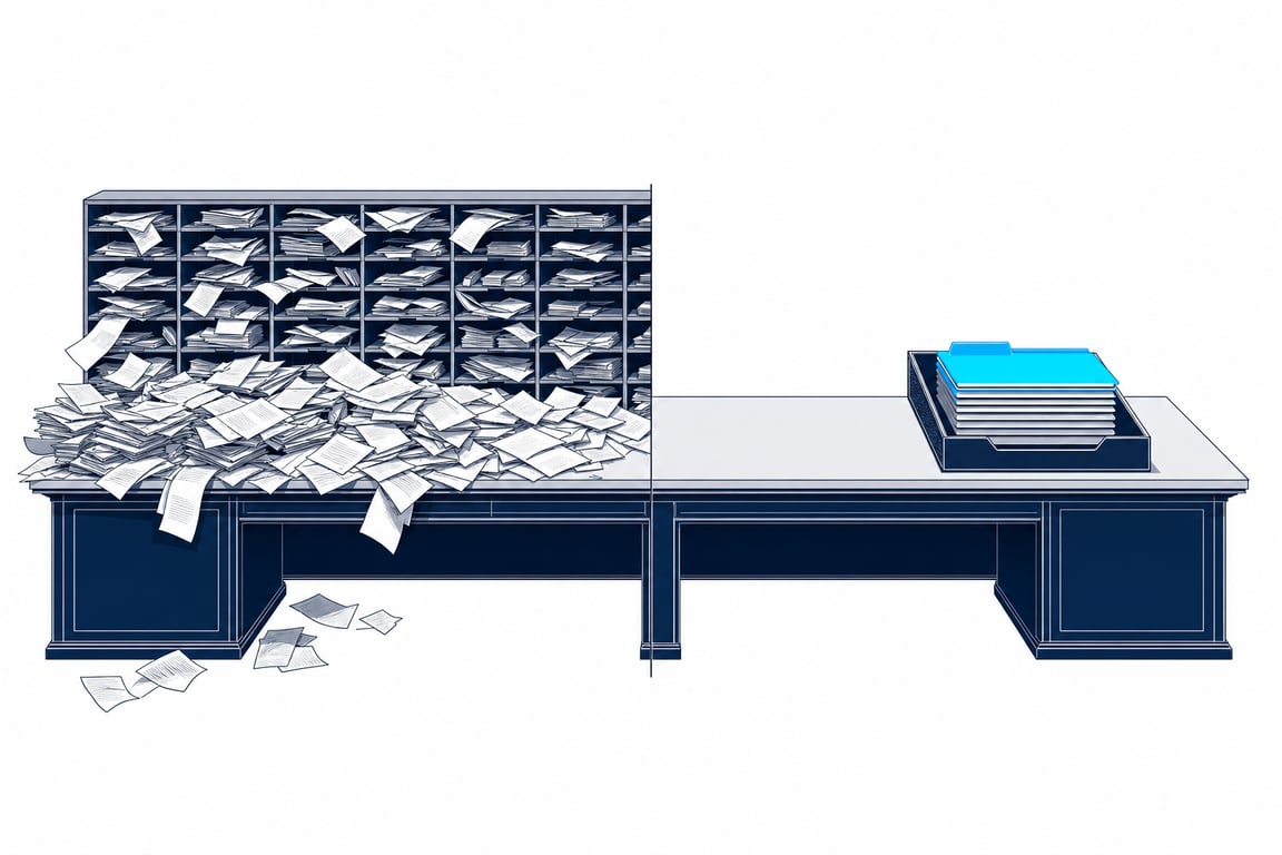 A split scene of one desk: buried under drifting paper and overflowing mail slots on the left, and holding a single ranked tray of folders on the right — the manual Monday versus the Waypoint Monday