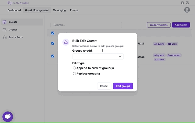 replacing guest groups in text my wedding