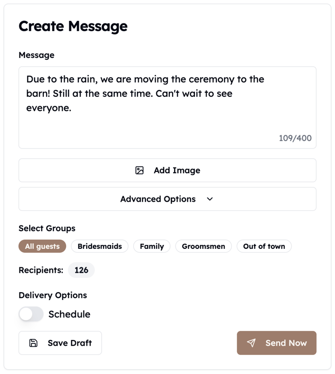 text my wedding send message modal