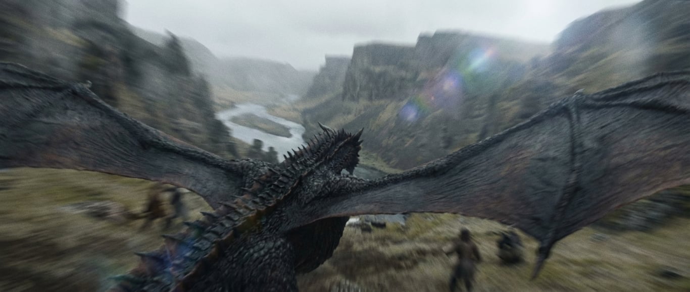 dragron from game of thrones. flying , fpv camera with motion blur