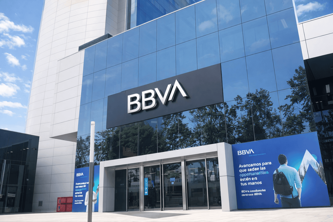 Oficina corporativa moderna con señalización financiera y diseño institucional