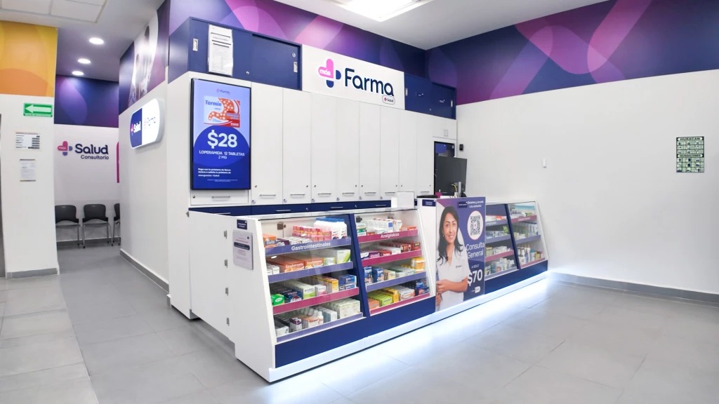 Farmacia moderna con señalización de salud e iluminación profesional