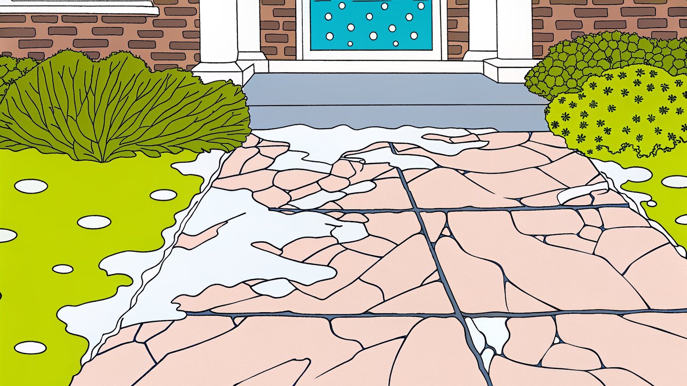 Illustration of a patio cracking due to water freezing and expanding beneath it, depicting the freeze-thaw cycle