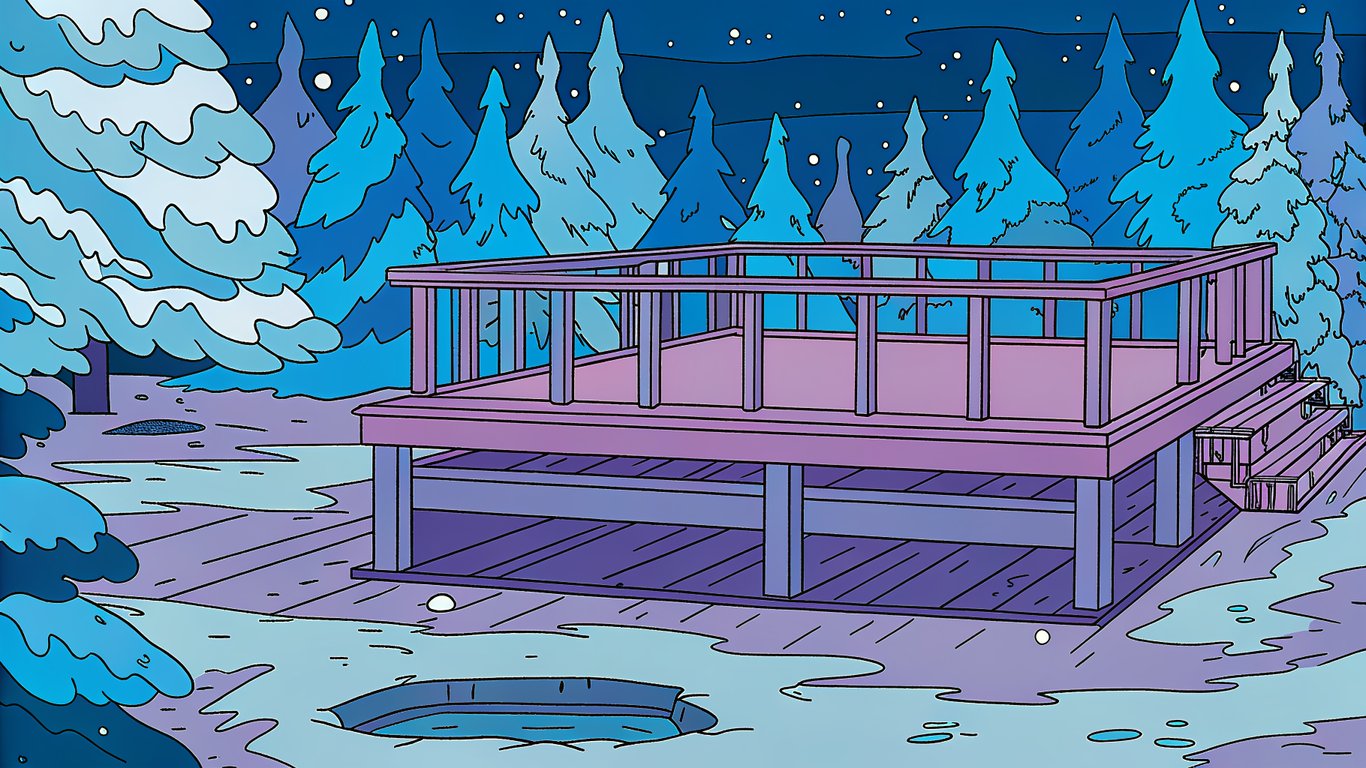A strong, well-maintained deck enduring winter next to a broken, rotting deck.