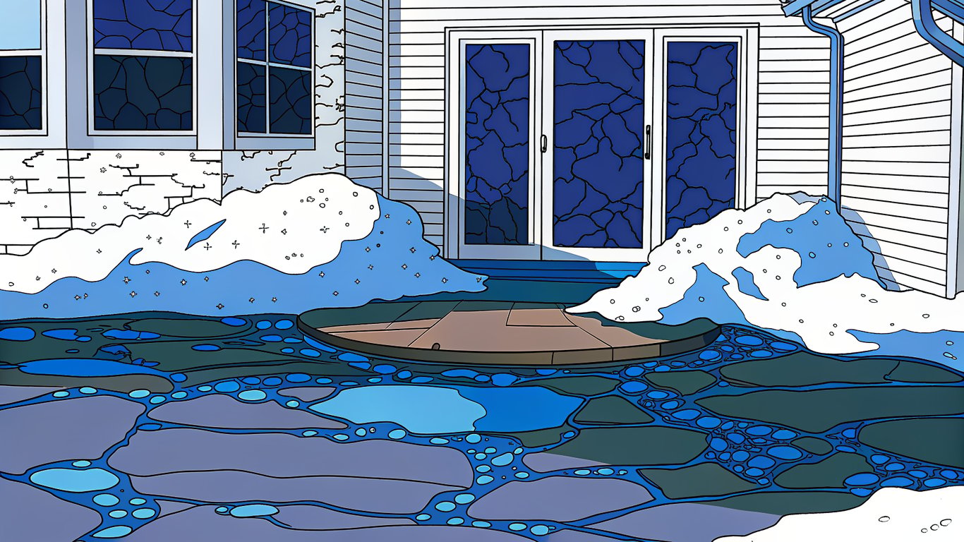 Illustration of a patio enduring harsh Quebec winter conditions, showing cracks, heavy snow, and water pooling.