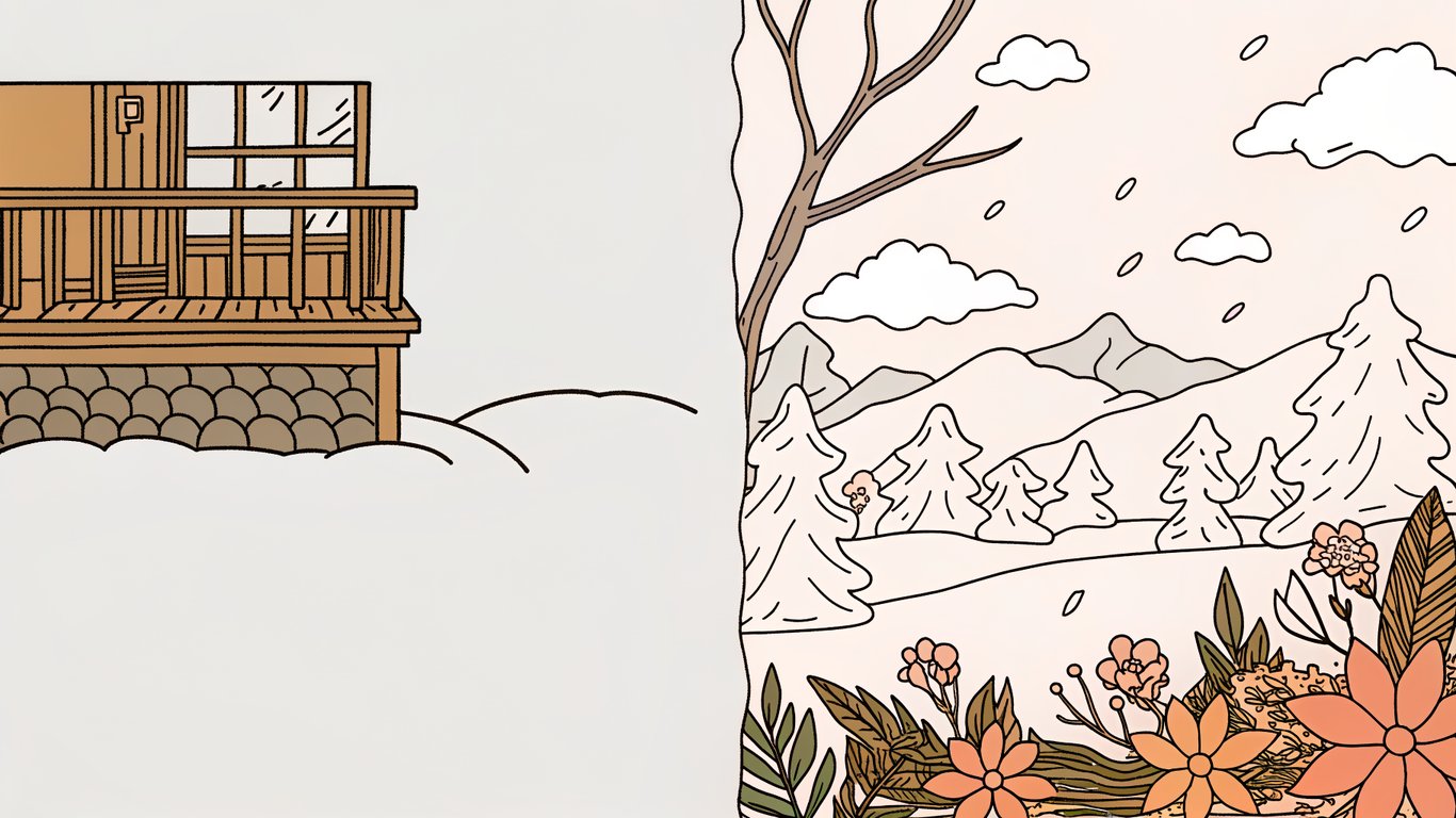 A split image showing a summer patio with seating and a winter deck covered in snow, representing the choice for Quebec homes.