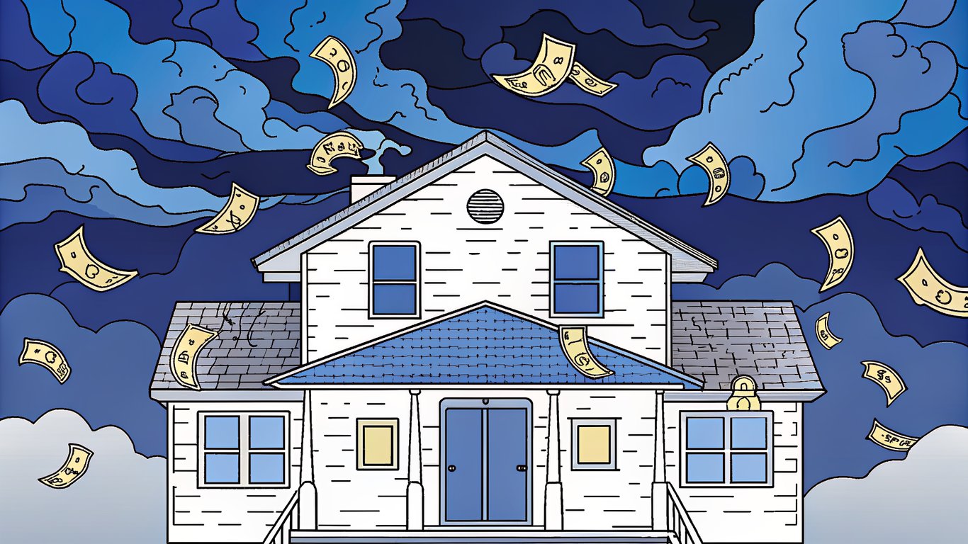 Illustration of a house losing heat and money through poor insulation in a cold climate.