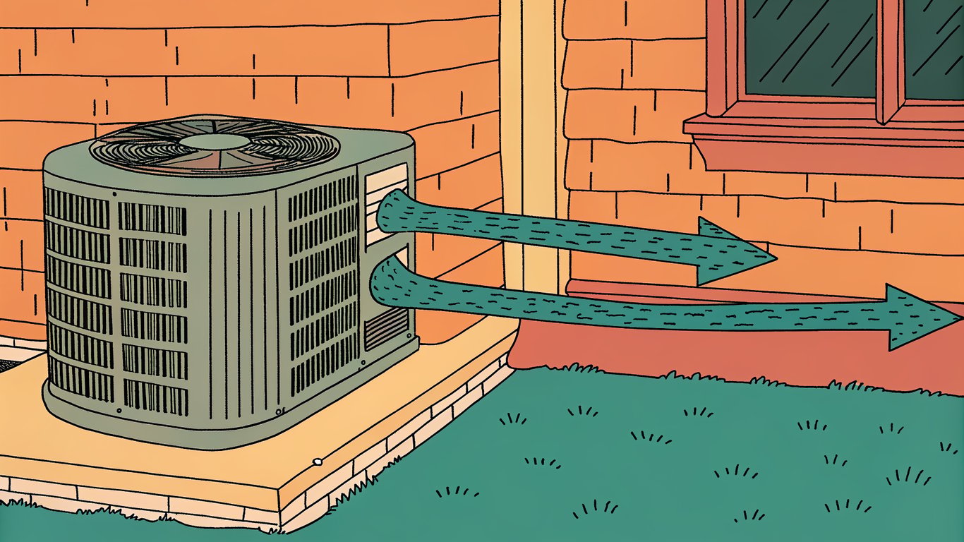 Diagram illustrating a heat pump system, showing heat being moved from cold outdoor air into a warm indoor environment.