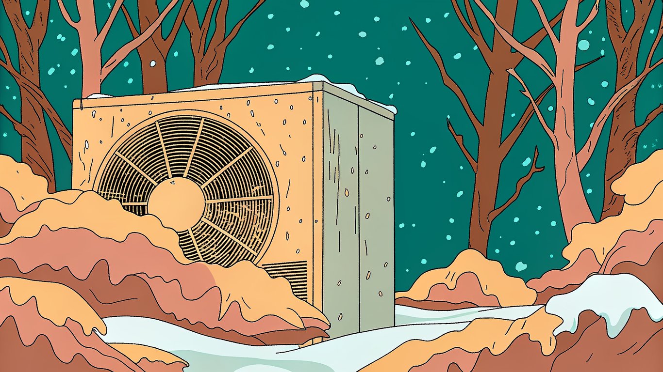 An outdoor heat pump unit struggling against heavy snow and ice in a harsh winter environment.