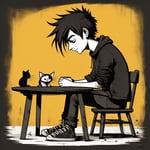 An edge breaker sits at a table alone, with his cats.