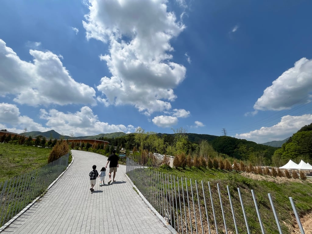 가평 양떼목장 Cloud Hill 입구 산책로를 걸어가는 가족 뒷모습
