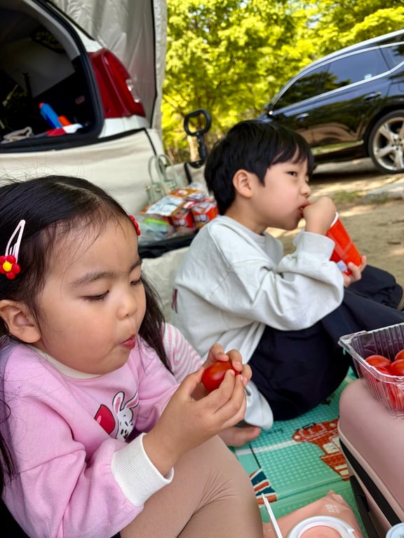 5세 여아와 8세 남아 남매가 차크닉 돗자리에서 방울토마토와 간식을 나눠 먹는 모습