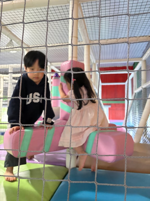 포천 더클래식카라반 키즈존 내부 — 그물 놀이기구에서 노는 아이들
